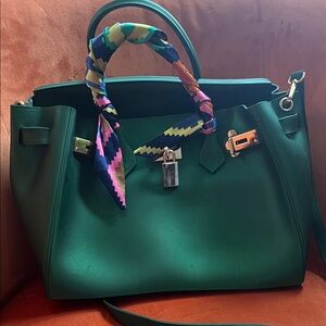 BLK Sheep Emerald Green Designer Handbag with Scarf Accent (Birkin Style)